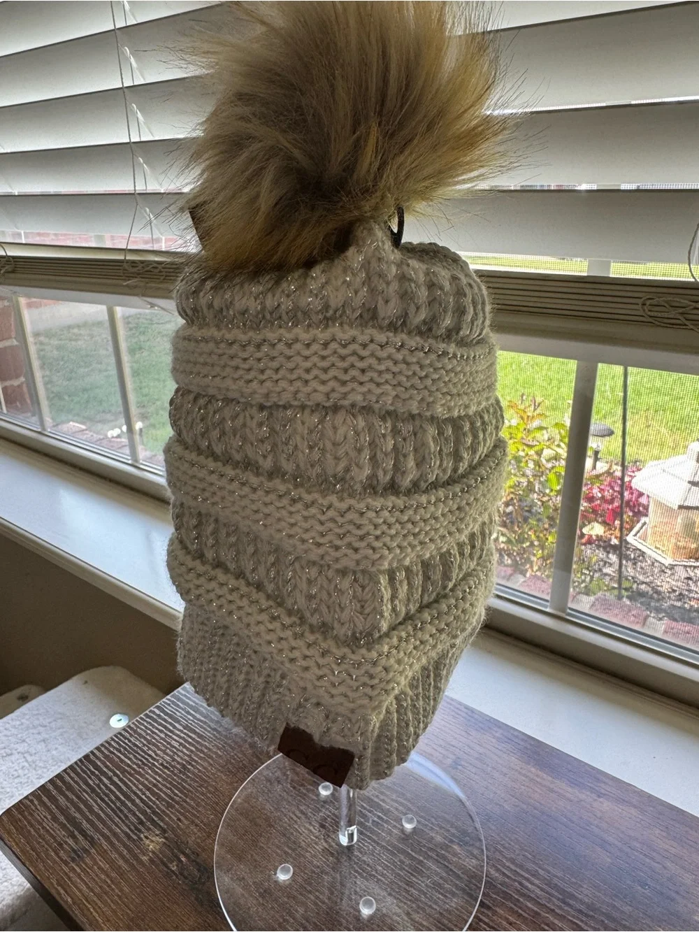C.C. Exclusives Ivory Ribbed Beanie with Faux Fur Pom Metallic Accent NWT